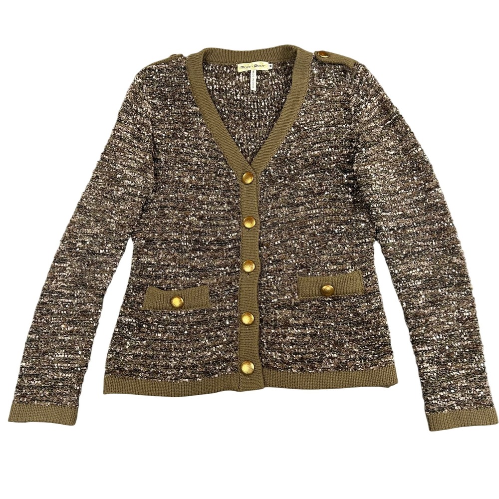Moon River Women's Sweater Cardigan Gold Chenille Sequin Old Money Luxe Glam M